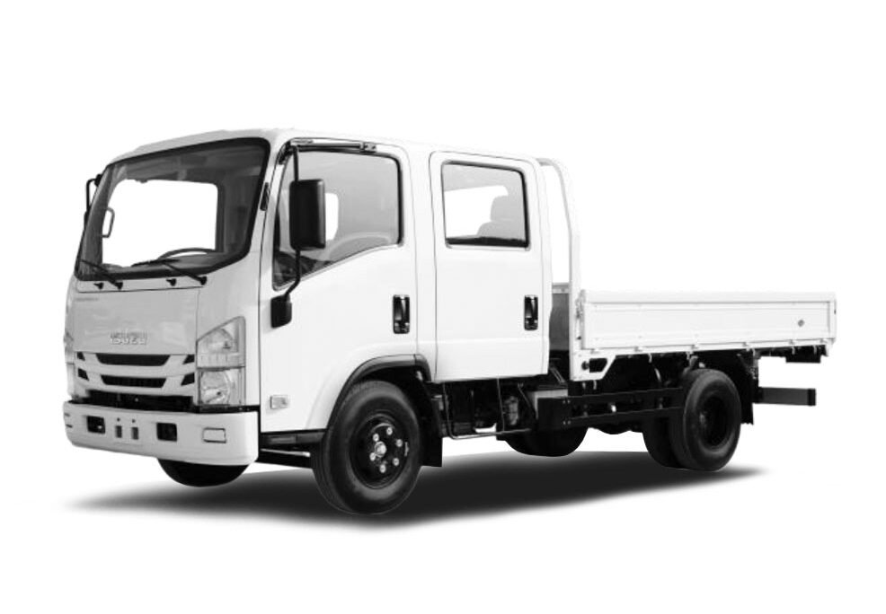 2024 Isuzu NPR Crew Cab Truck front view parked in Dubai industrial area